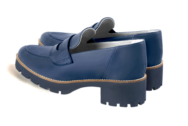 Denim blue women's casual loafers. Round toe. Low rubber soles. Rear view - Florence KOOIJMAN